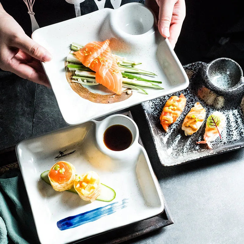 Custom Ceramic Serving Platter Dumpling Plate with Dipping Saucer Japanese Divided Snack Dishes for Appetizer Sushi Taco Sals