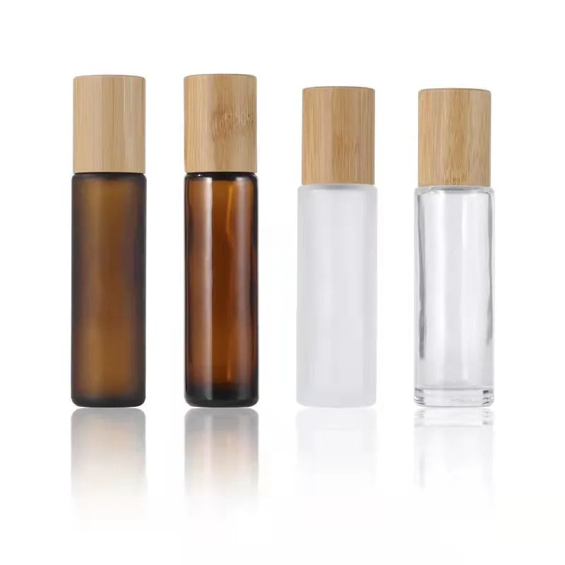 Cheaper Price 5ml 10ml 15ml clear Frosted Amber Essential Oil Glass Roller Bottle with Stainless Steel  and Bamboo Cap