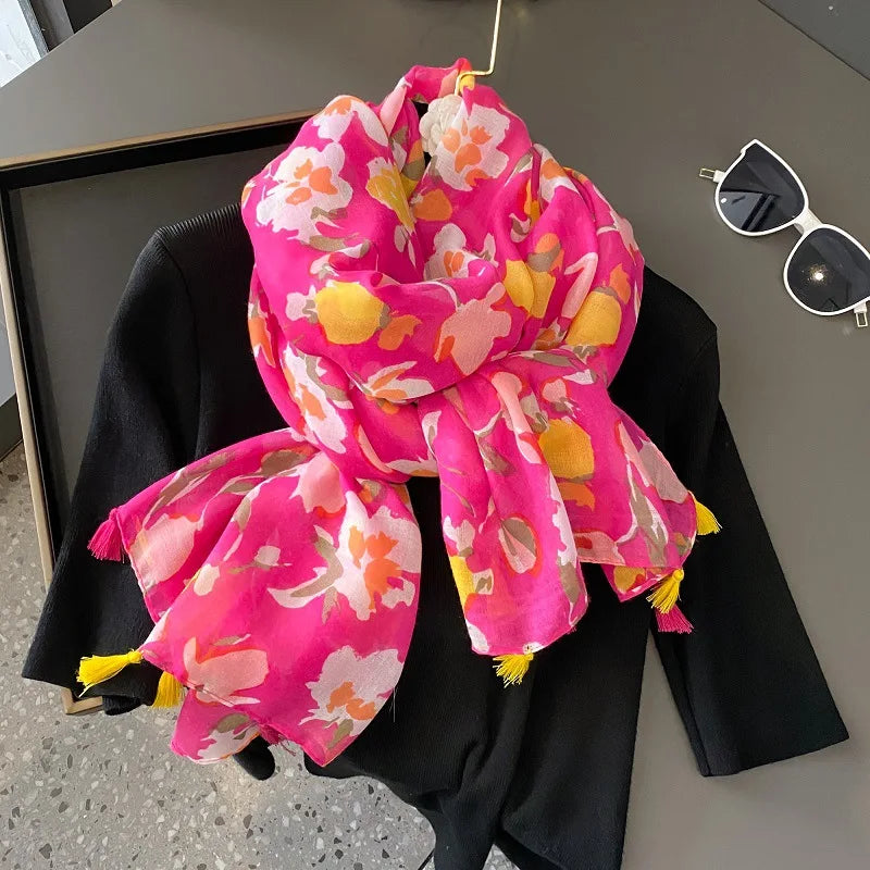 Newest Design Floral Print Head Scarves Wraps for Women pink Flower Printed Cotton Voile Scarf Beach Shawl Muslim Fringe Hija