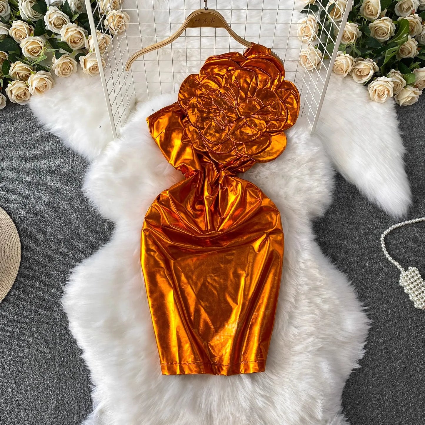 M-2xl   Elegant Waist Cinching Dress Heavy Industry 3D Flower Hanging Neck Dress Hip Hugging min Dress
