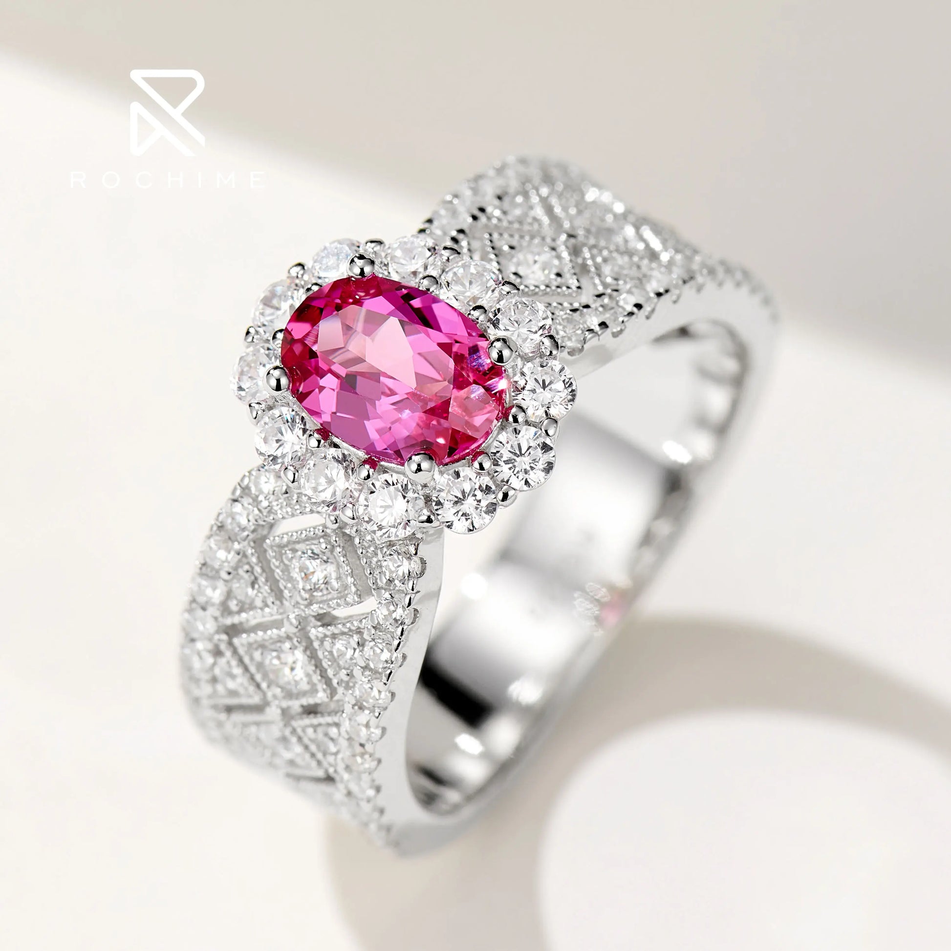 Rochime Luxury Design  Lace Shaped pink Diamond Zircon Rings 925 Silver Oavl Cut Jewelry  Ring