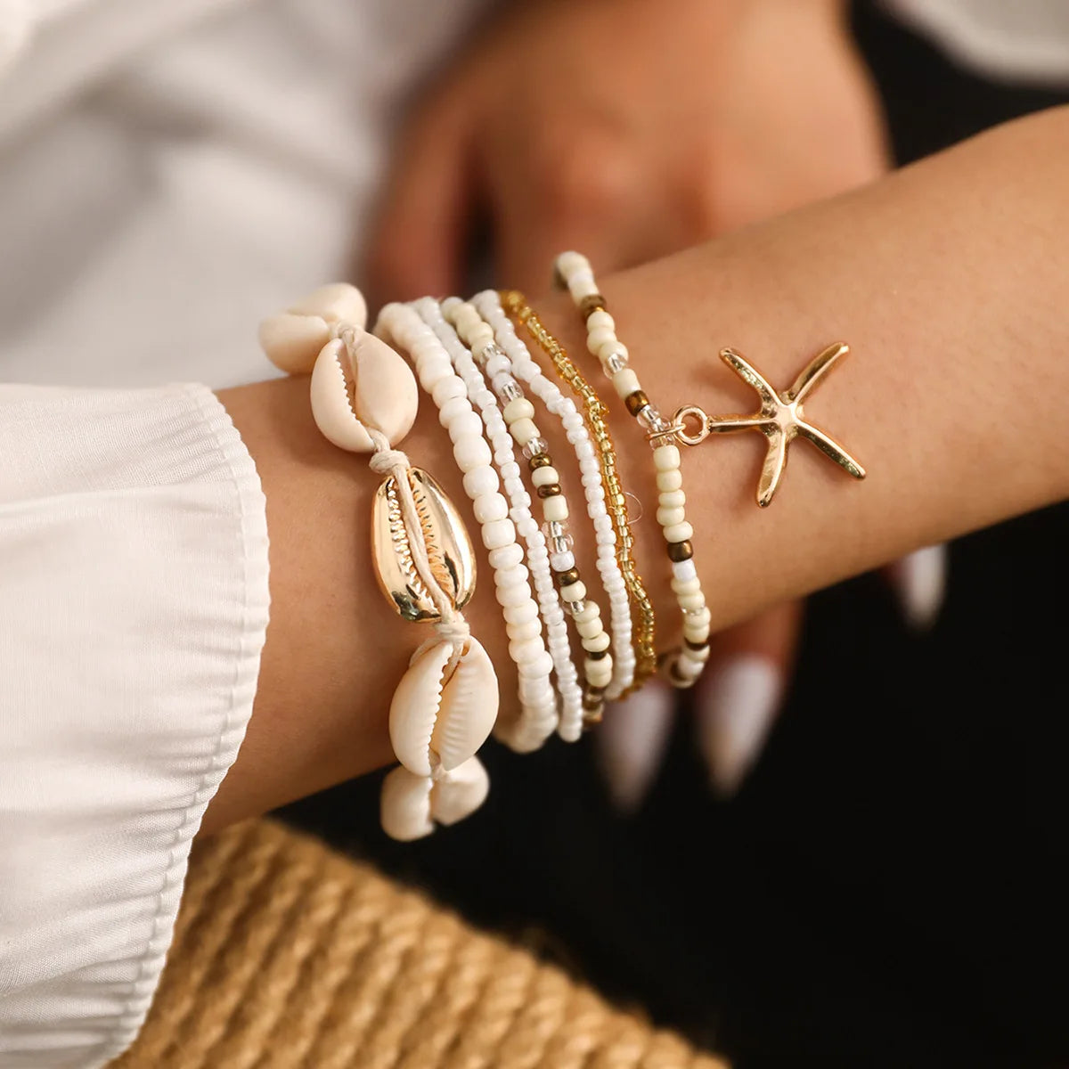 Summer Beach Jewelry Rice Bead Starfish Charm Bracelet Bohemian Shell Shaped Seed Bead Bracelet Set for Women