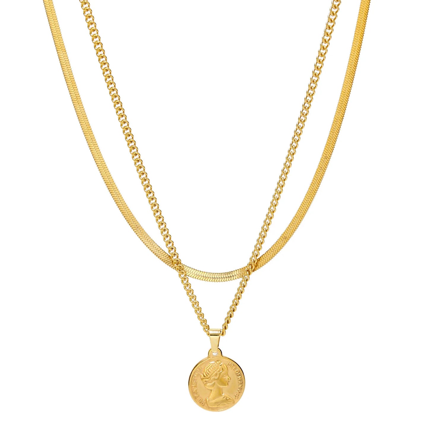 European and American Vintage Double Layer 18k Gold Plated Stainless Steel Portrait Pendant Necklace