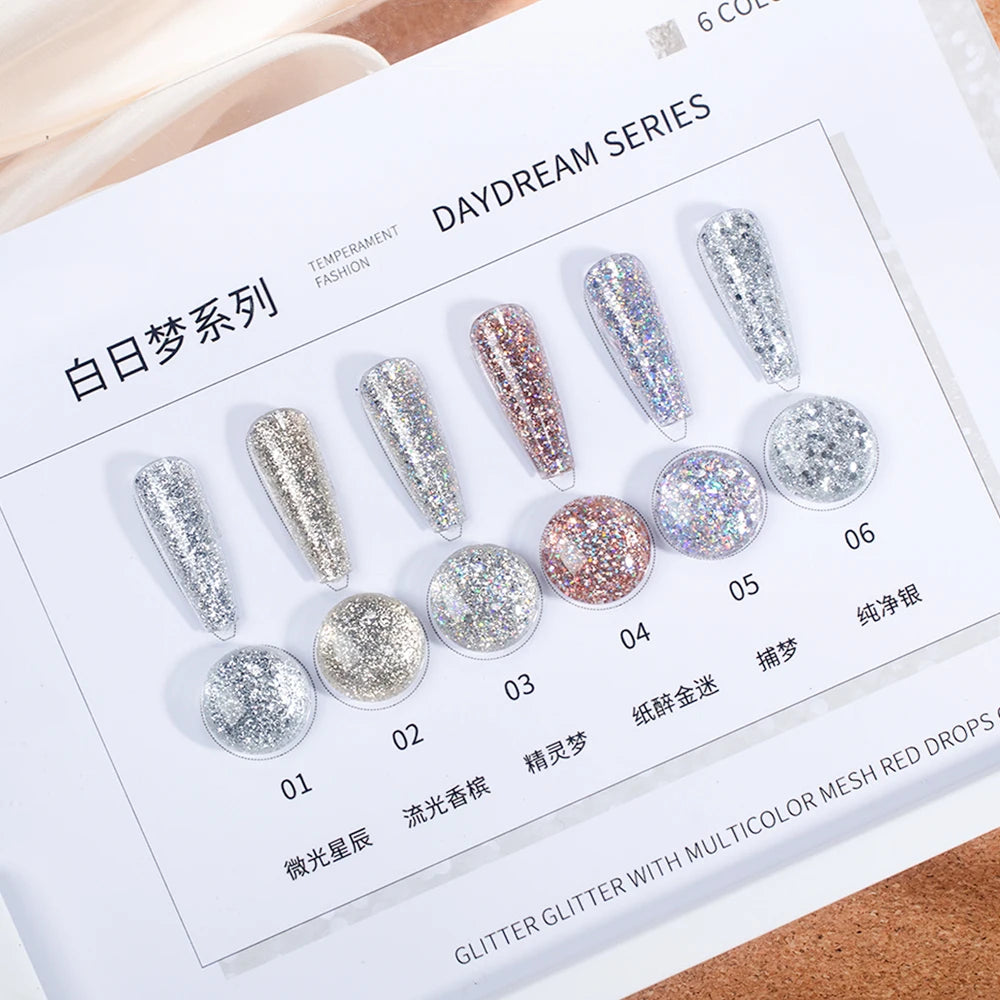 ZRKGEL Newest Design 15ml 6 Colors Professional Private Label Glitter Gel Set Soak Off Long Lasting Dry Fast Glitter Uv Gel S