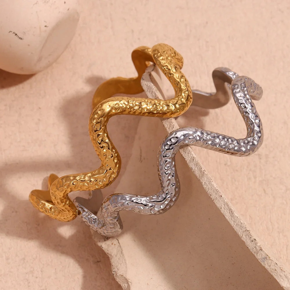 Hammered Snake Stainless Steel Cuff Bangle Water Wave Gold Plated Jewelry Fashion Jewelry Bracelets & Bangles