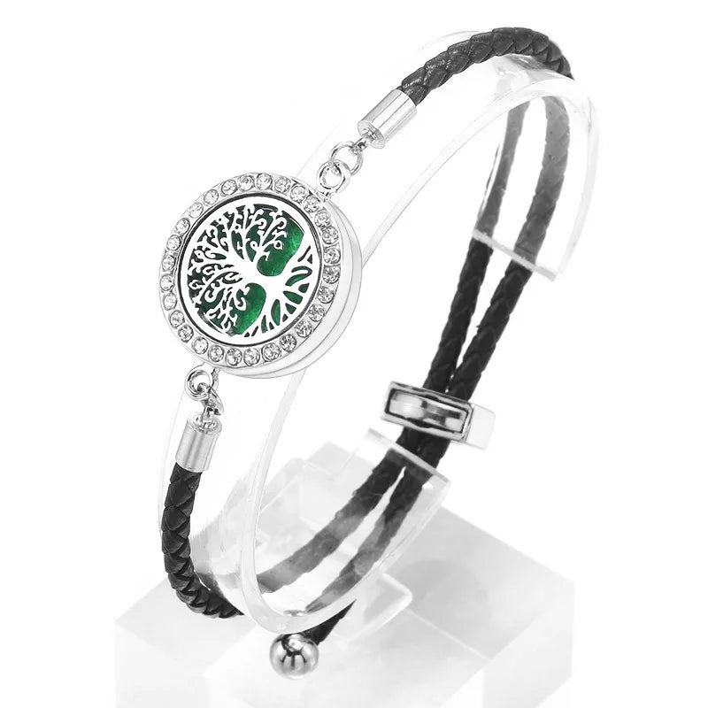 Crystal Rhinestone Gemstone Aromatherapy Beaded Bangle Adjustable Leather Buckle Bracelet Quartz Diffuser Locket Jewelry