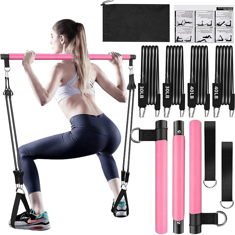 Wellshow Sport Resistance Portable Yoga Pilates Bar Kit Indoor Exercise Adjustable 3-Section Bar