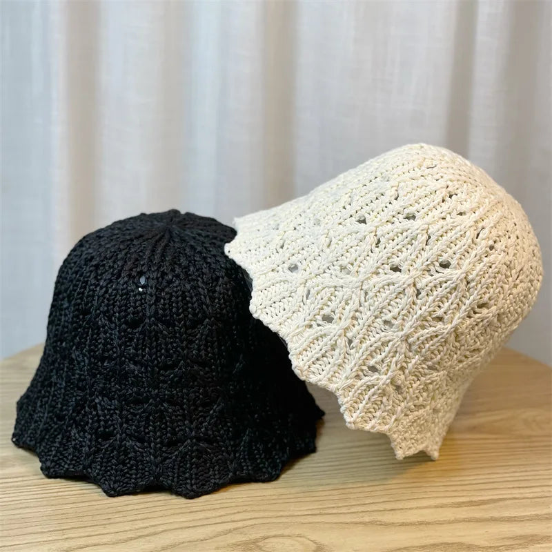 Berets Hollow Woven Bucket Hat for Spring and Summer Breathable Sunshade Sunscreen Basin Caps Japanese Fresh Green Women's Ha