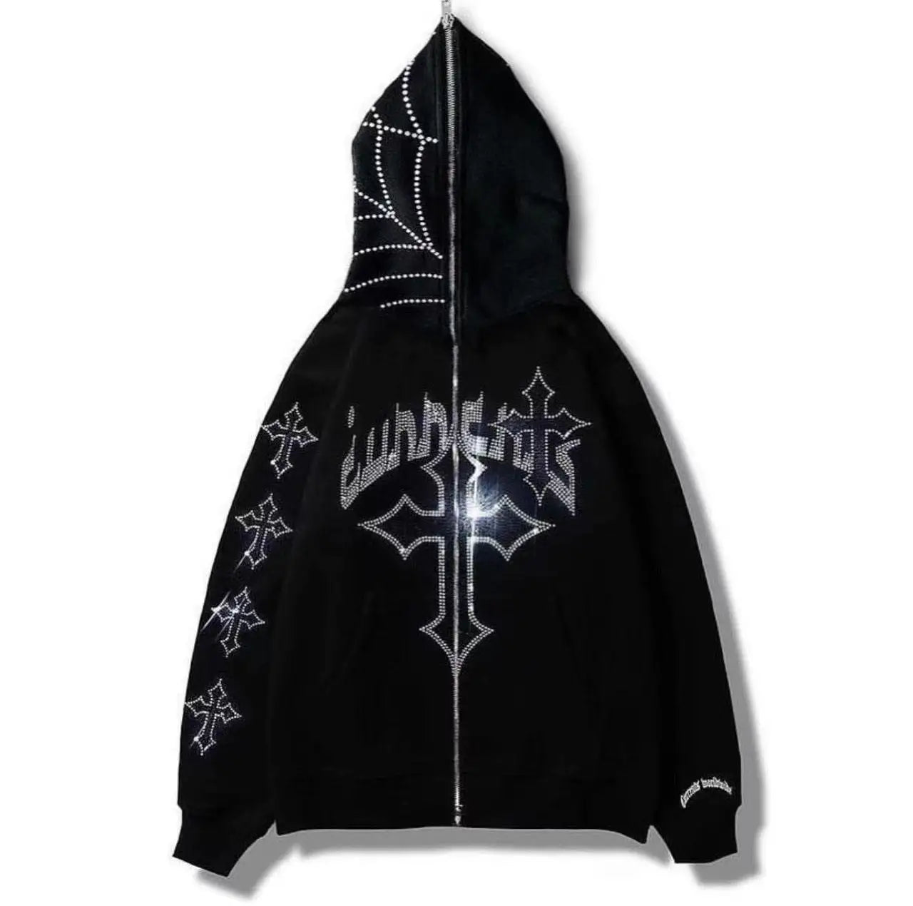 Salati Manufacturer High Quality Custom 500 GSM Thick Glitter Diamond Rhinestone Printed Oversized Full Zip up Hoodie for Men