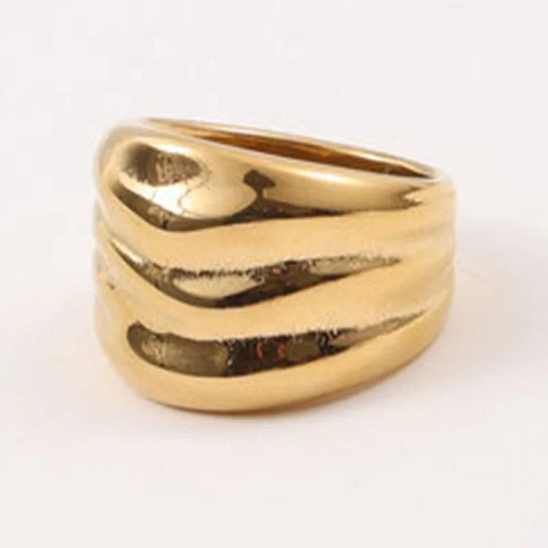 New Arrivals Women Fashion Minimalist Design Jewelry 18k Gold Plated Stainless Steel Wide Crease Shape Ring