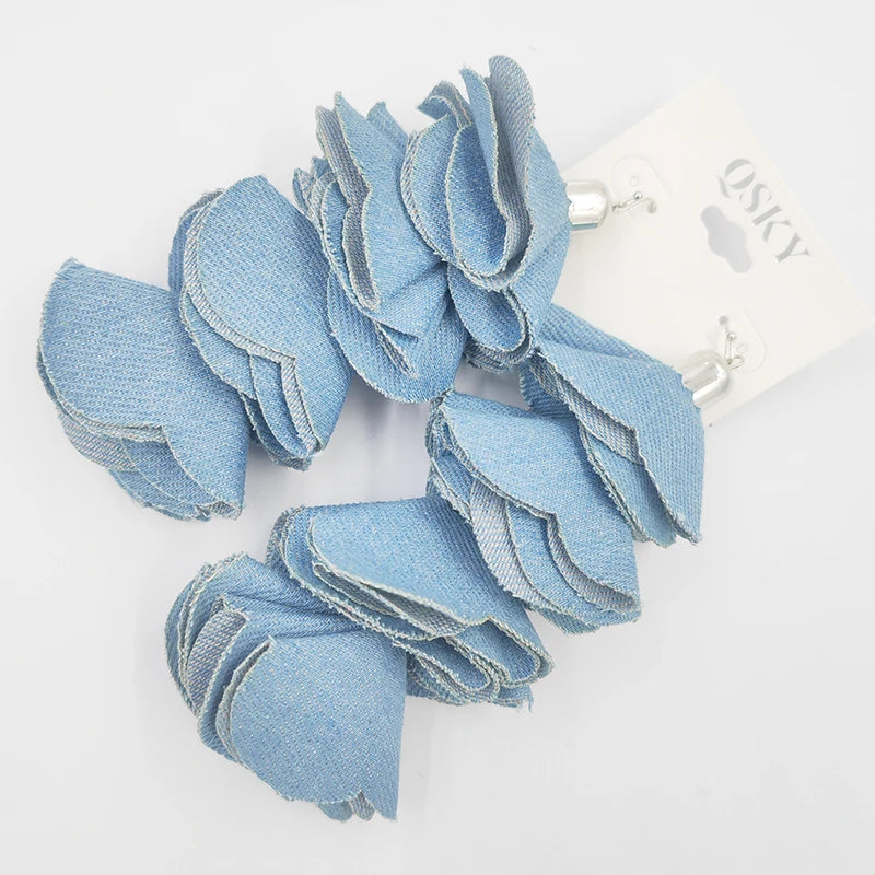 Bohemia Light Blue Denim 4 Flower Handmade Drop Earrings for Women Statement Earring Boho Jewelry
