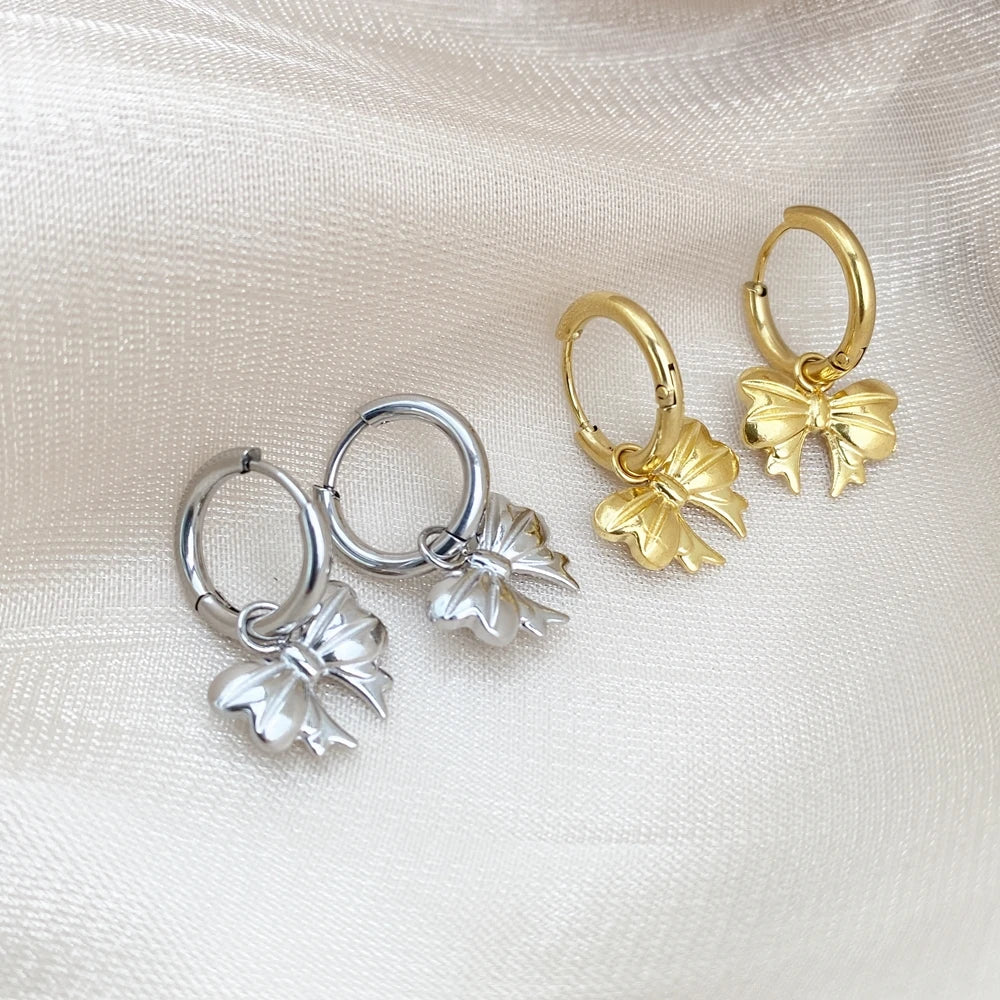 Best Seller Cute Charm Bow Drop Earrings Stainless Steel Bow Earrings Bow Earrings Gold Plated Small Hoop Mother's Day Jewelr