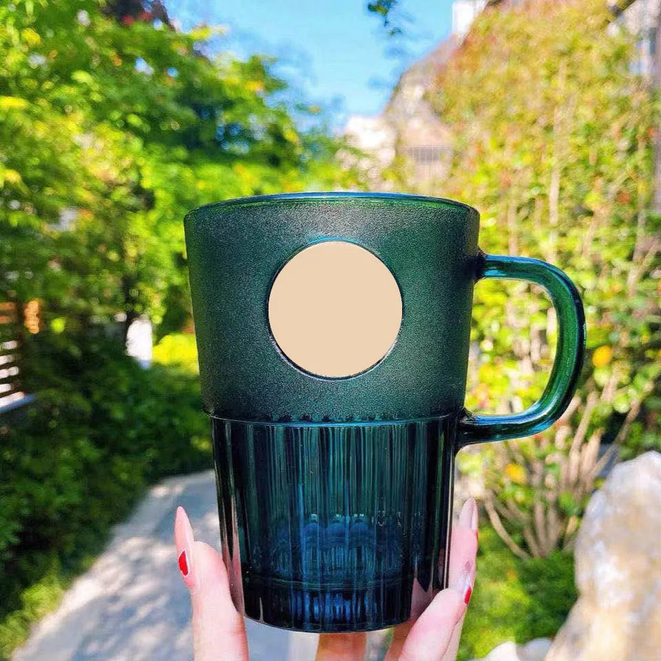400ml Dark Green Glass Coffee Straw Mug Clear Frosted Cup With Handle