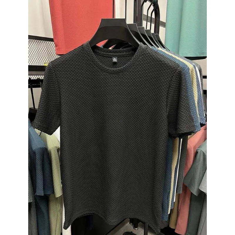 RNSHANGER Summer Mesh Ice Silk T-shirt Men's Short Sleeve Round Neck Tees Top New Half Sleeve Men Thin Solid Color T Shirts