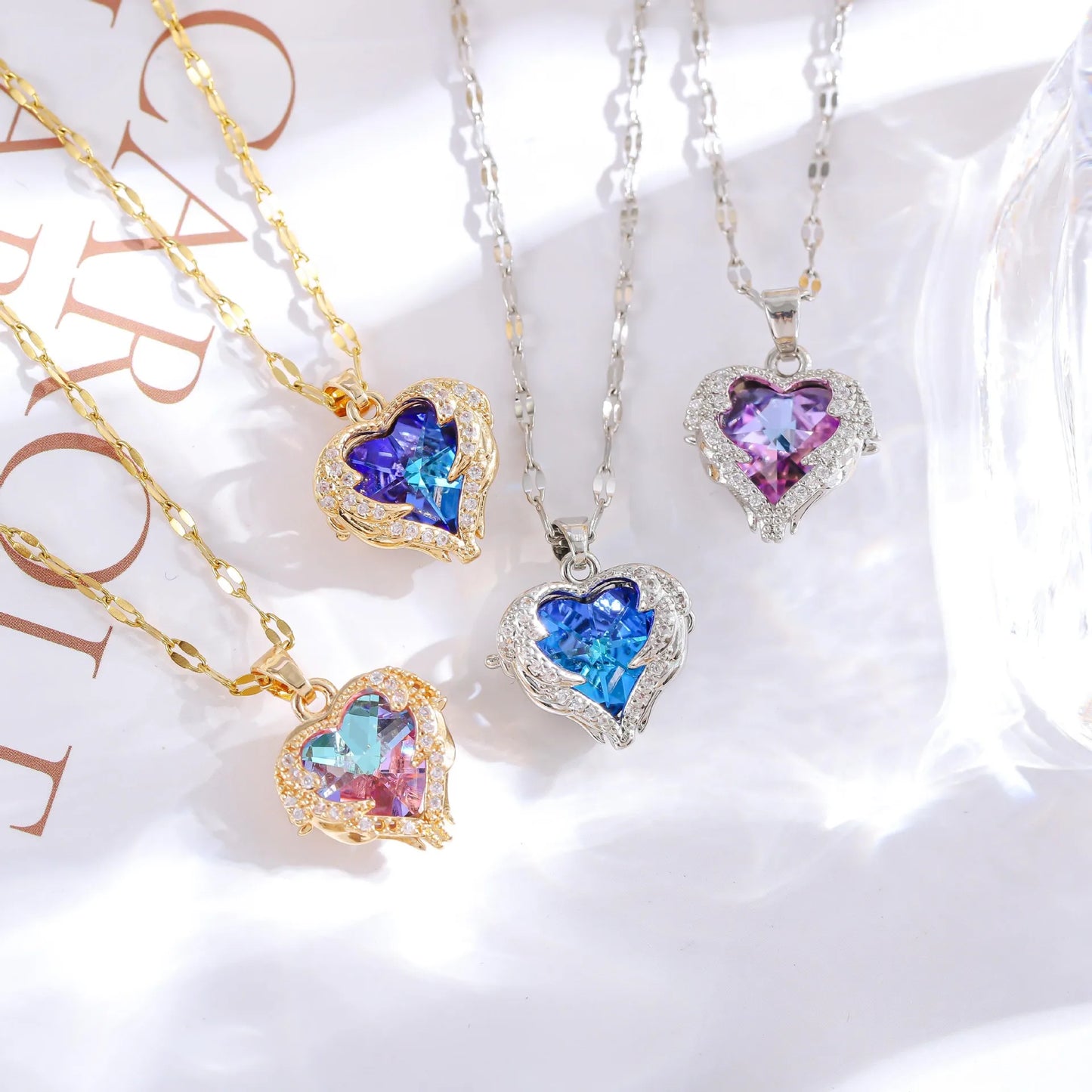 Waterproof Angel Wing Heart Necklaces for Women Copper 18K Gold Plated Tone Pendant Necklaces Crystal Necklace