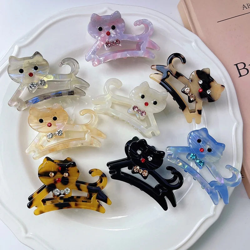 New Design 6cm Cute Cartoon Animal Shark Hair Clamp Hollow Rhinestone Elegant Acetate Hair Clip Cat Hair Claws