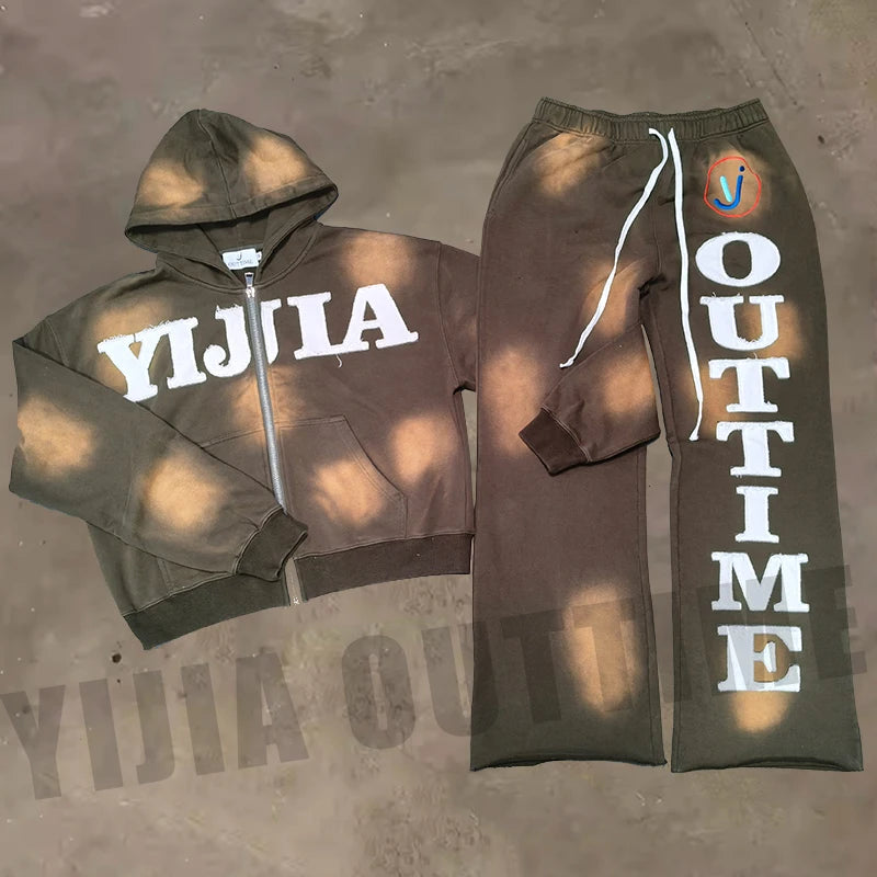 YJ Streetwear Custom Applique Embroidery Patched Tracksuits Sets Vintage Washed Zip up Hoodie Two Piece Sets Sweatsuits Men