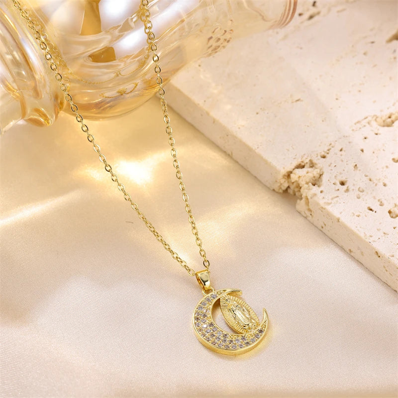 Luxury Jewelry Stainless Steel Necklace for Women Moon Shape Jesus Christianity Necklace