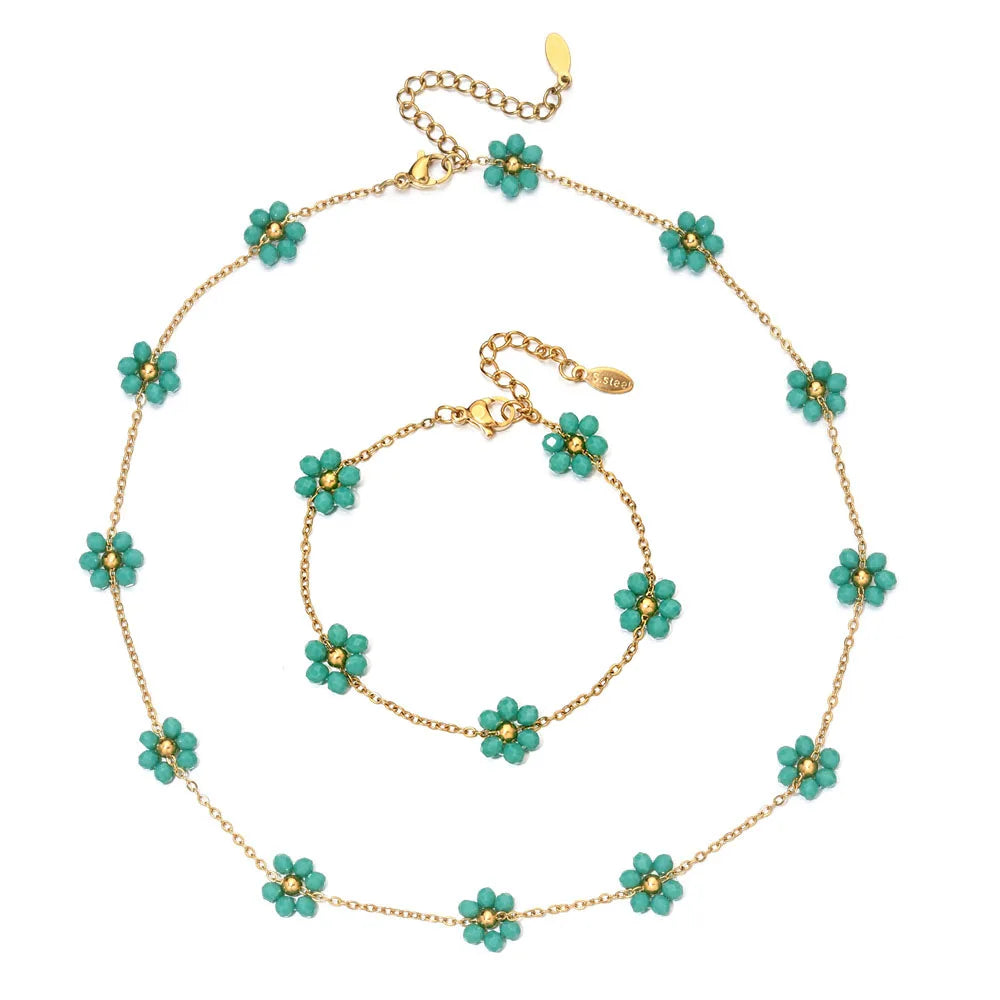 New Fashion Flower Beaded Necklace 18K Gold Plated Stainless Steel Rhinestone Flower Bracelet Necklace Jewelry Set for Women