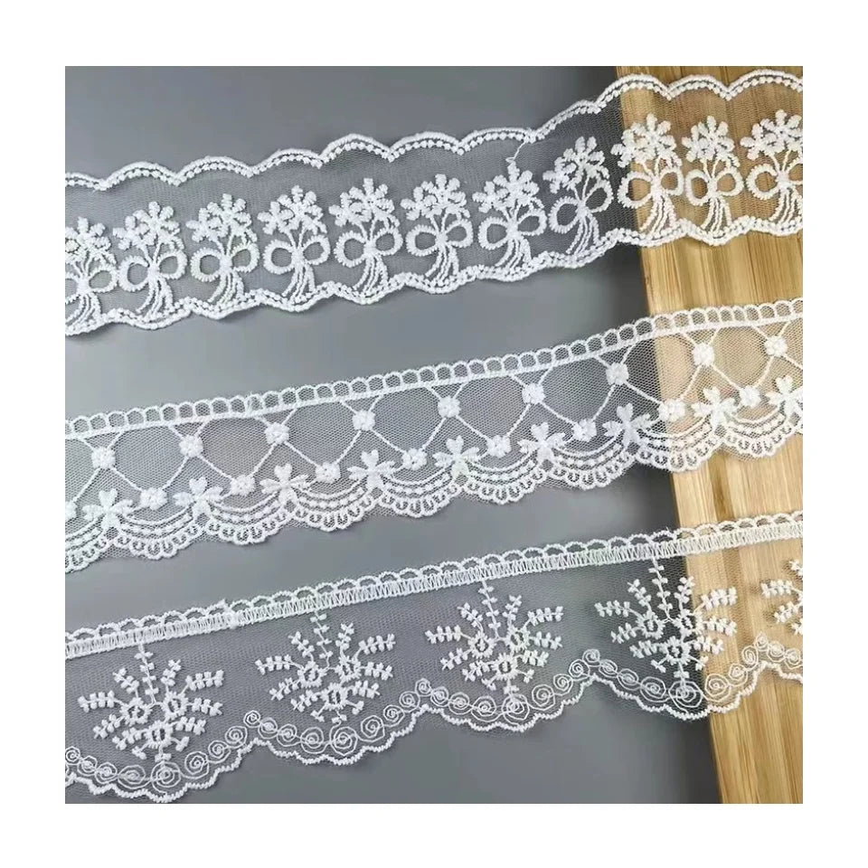 Sustainable White Milk Silk Mesh Fabric Wave Edge Embroidery Lace for Handmade DIY Clothing Hair Accessories Dress Lingerie W