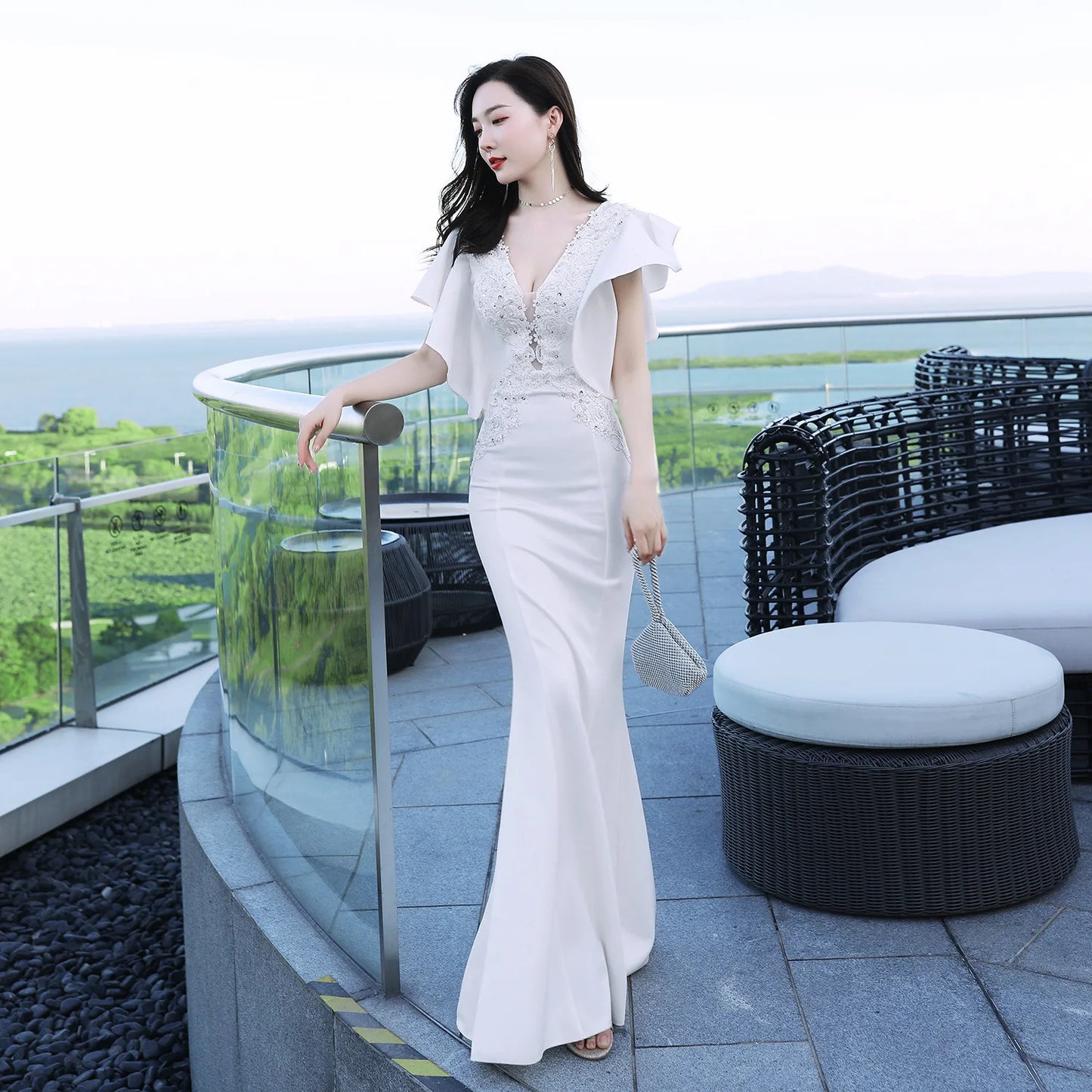 16336# Toast Bride Long Red Shoulder Appreciation Dinner Slim-fit Fishtail Dress Wedding Evening Woman