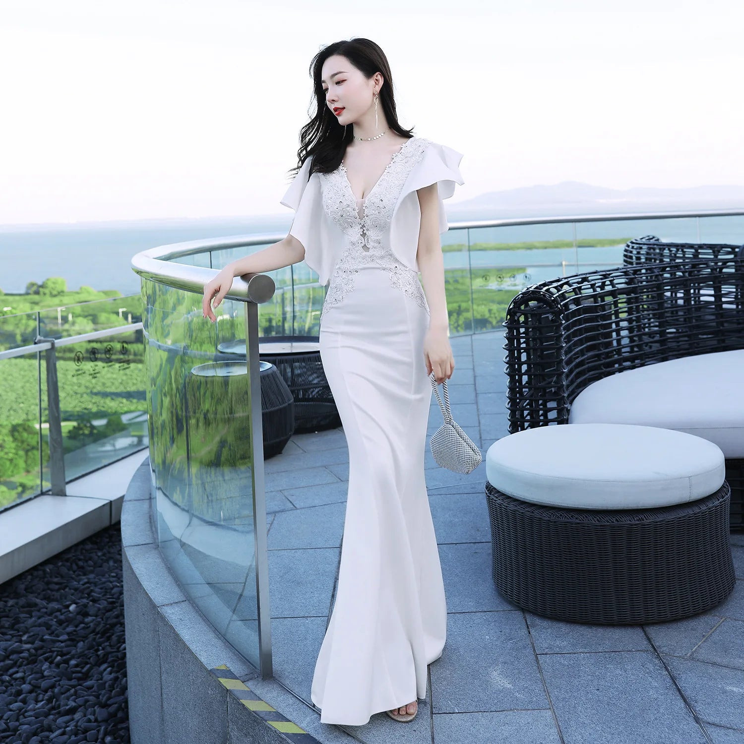 16336# Toast Bride Long Red Shoulder Appreciation Dinner Slim-fit Fishtail Dress Wedding Evening Woman