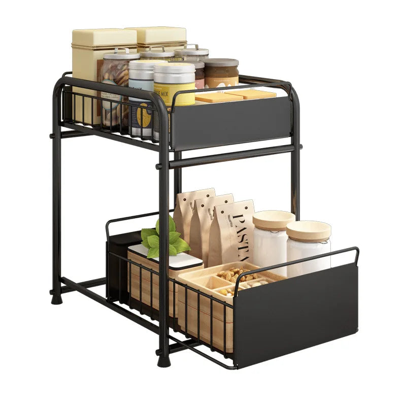Iron Steel Double-Tiered Sink Organizer Standing Type Double Rack Drawer Design for Bathroom Kitchen Use Vegetable Spice Stor