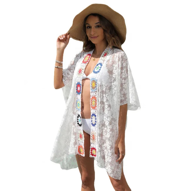 Hot 2024 Fashion Hollow Perspective Hand Made Crocheted Lace Sexy Beach Cover up Lady Beach Dress Pareo