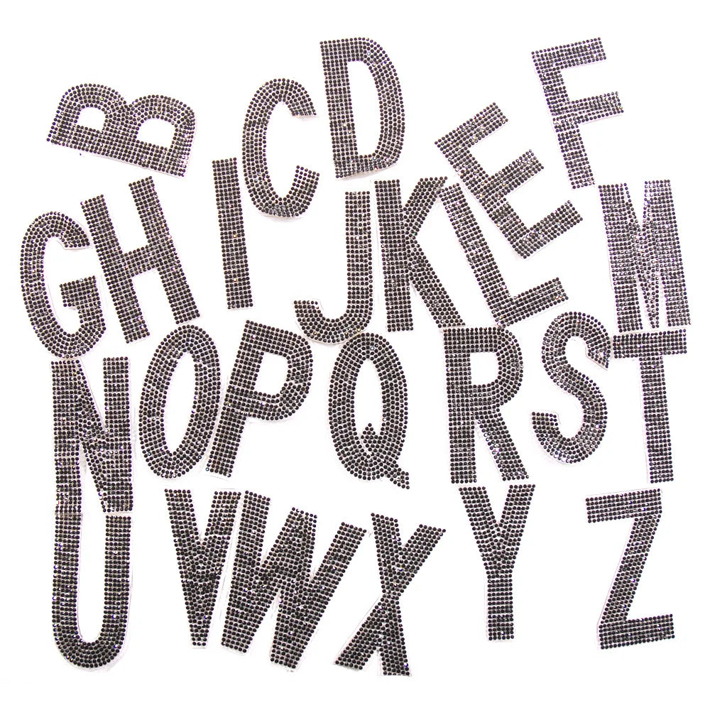New Design 7.5cm Jet Black ab Color Rhinestone Iron on Alphabet Applique Patches for Garments