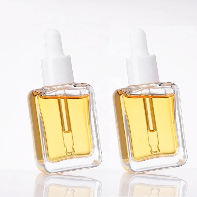 Cosmetic Skin Care Packaging 30ml Square Clear Curved Edges Fancy Hair Essential Oil Serum Glass Dropper Bottle with Eye Drop