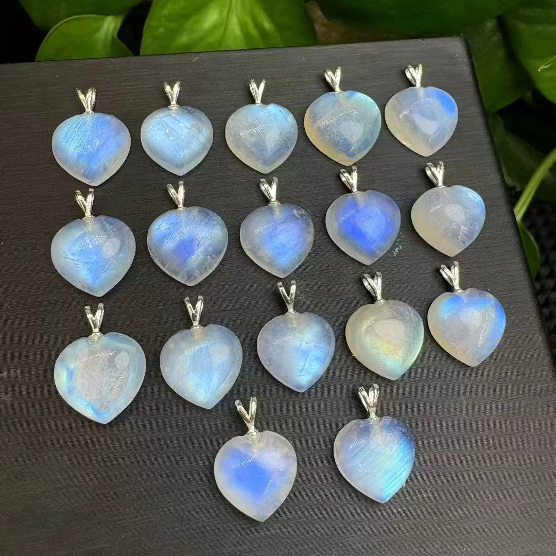 925 Sterling Silver Chakra Crystal Healing Stone  Natural Moonstone Heart Shaped  Pendant for Calm Mind and Relieve Tension