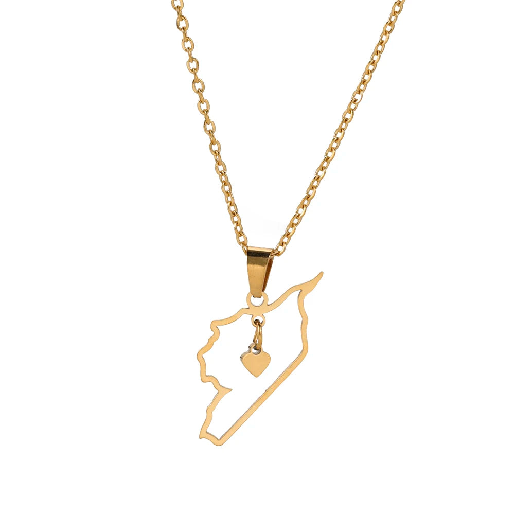 Hollow Syria Map Heart Pendant Necklace Stainless Steel Jewelry Geography Chain Necklace for Women Mother's Day Gift Wholesal