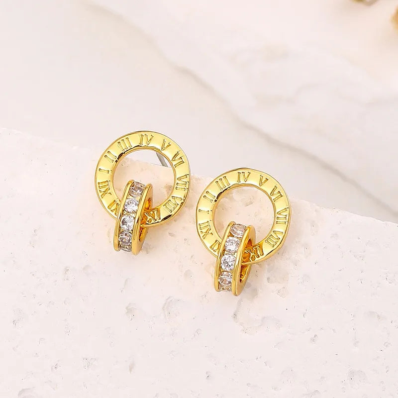 Cubic Zircon Double Circle Earrings Designed With Roman Numerals Stud Earrings for Women Good for Parties