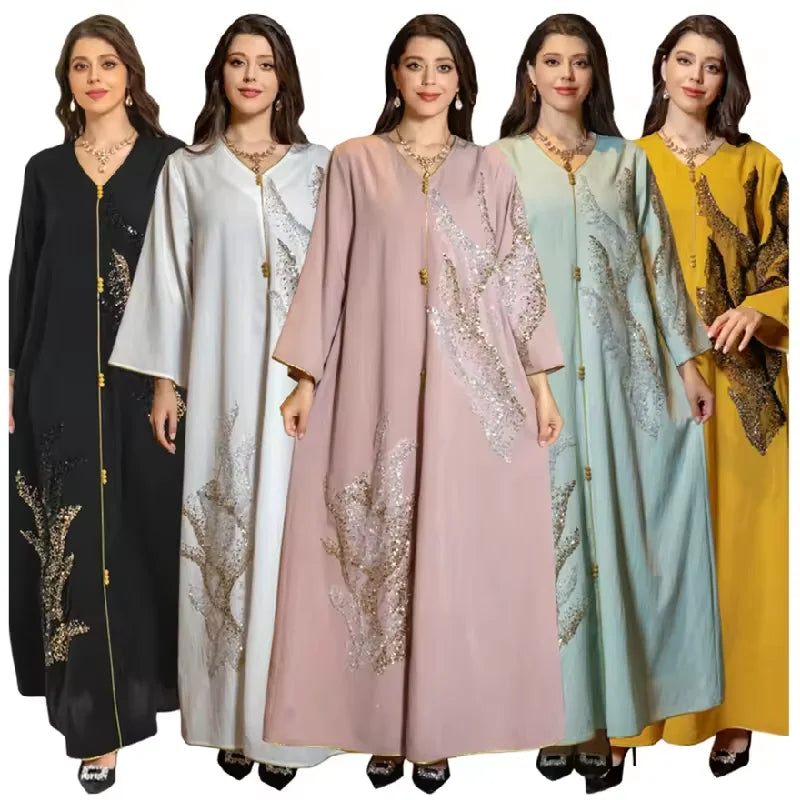 Middle East Arab Abaya Dubai Muslim Women Dress Long Sleeve Spliced Sequin Embroidered Loose Luxury Abaya