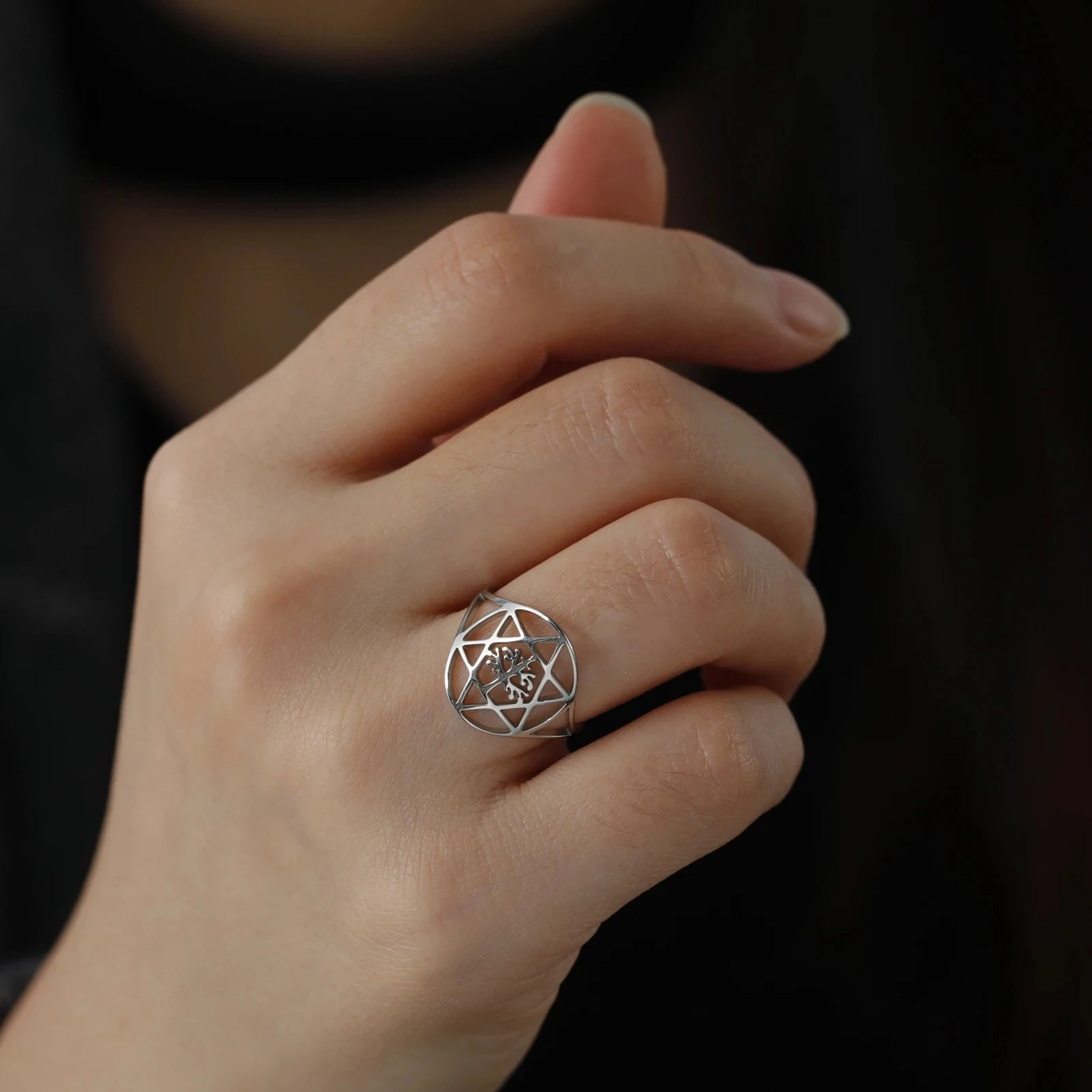 Stainless Steel Open Rings Hollow Star of David Vintage Tree of Life Adjustable Finger Ring for Women Men Jewelry Birthday Gi