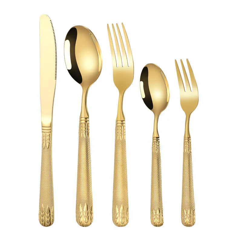 304 Stainless Steel Gold Cutlery Steak Knife Fork Spoon Silverware Wedding Flatware With Wheat Handle