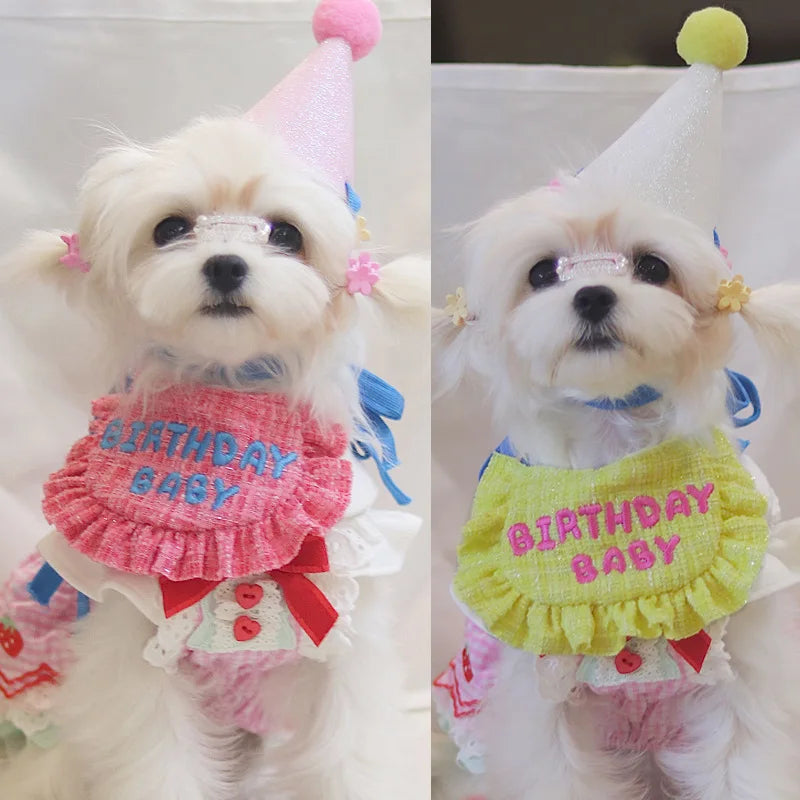 Dog Birthday Party Hat and Bib Set Classic Polyester Cat Bandana for Summer and Winter Bichon Pet Supplies Accessories