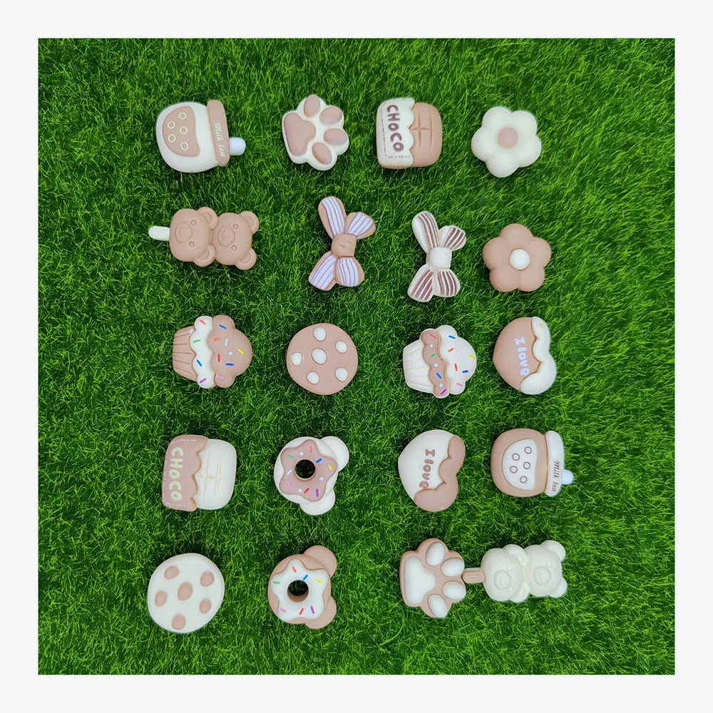 Bulk White Brown Color Flatback Resin Cabochon Cookies Flower Paw Milk Bottle Cupcake Bowknot Chocolate Craft for Headwear De