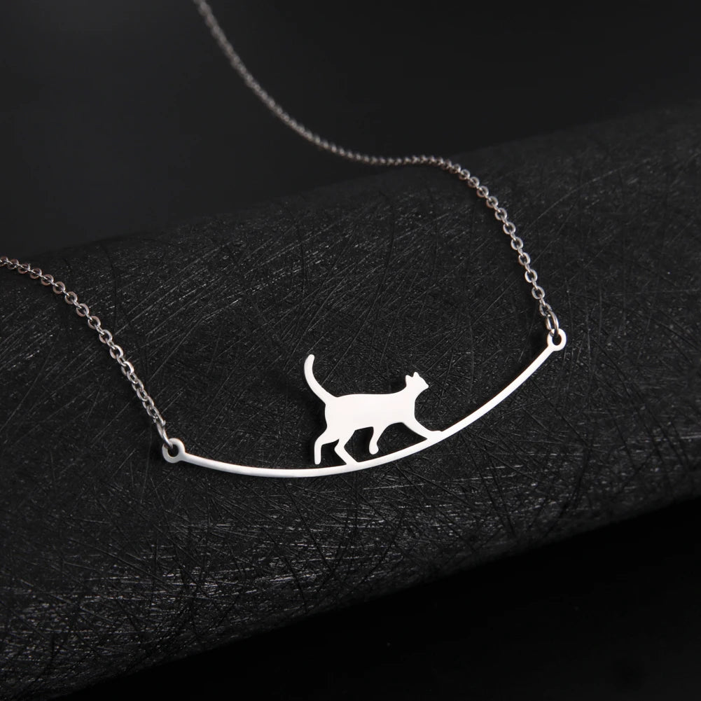 Cute Walking Cat Pendant Necklaces Stainless Steel Jewelry Simple Cat Curved Choker Necklaces Women Party Wedding