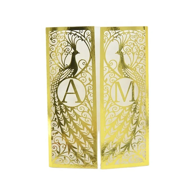 Luxury Gold Indian Wedding Card Peacock Laser Cut Invitations