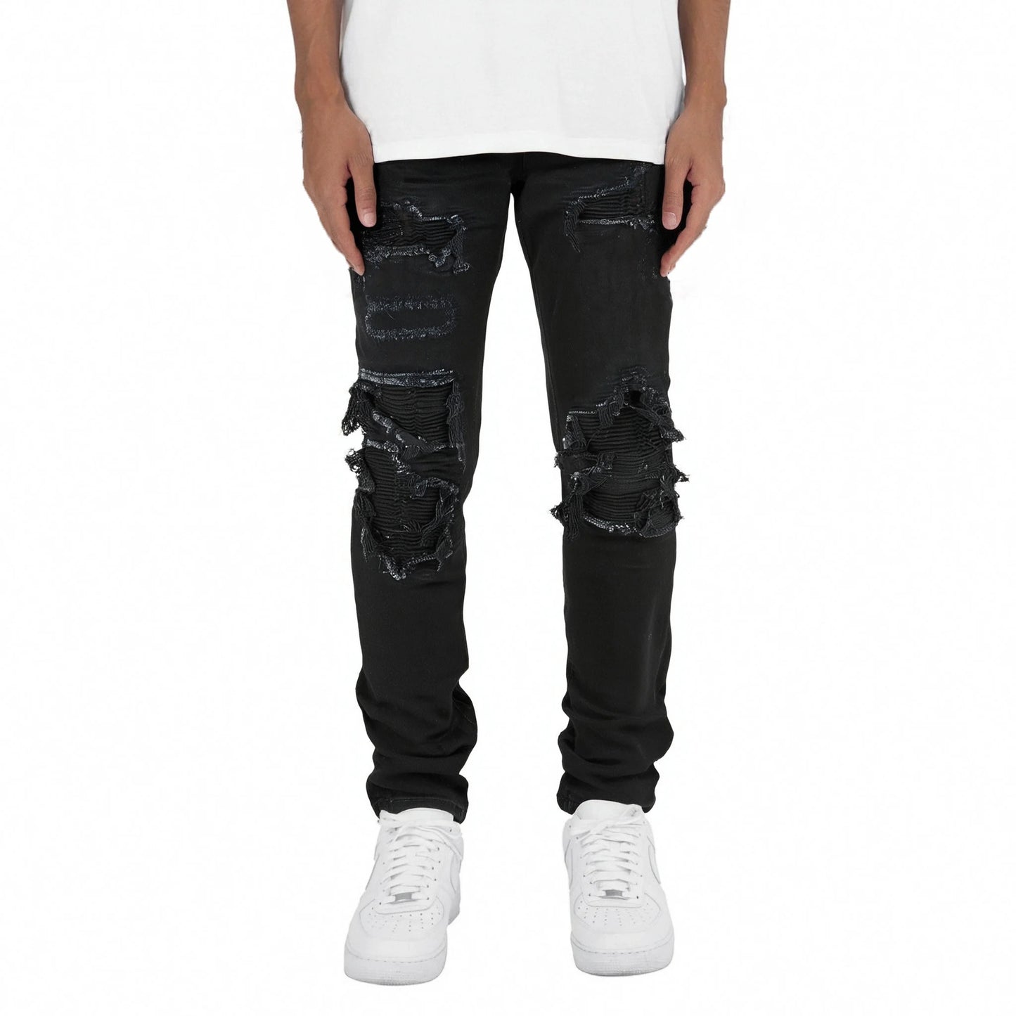 Wholesale Black Patch Denim Streetwear High Street Casual Ripped Damaged Distressed Designer Slim Fit Pants Stretch Men's Jea