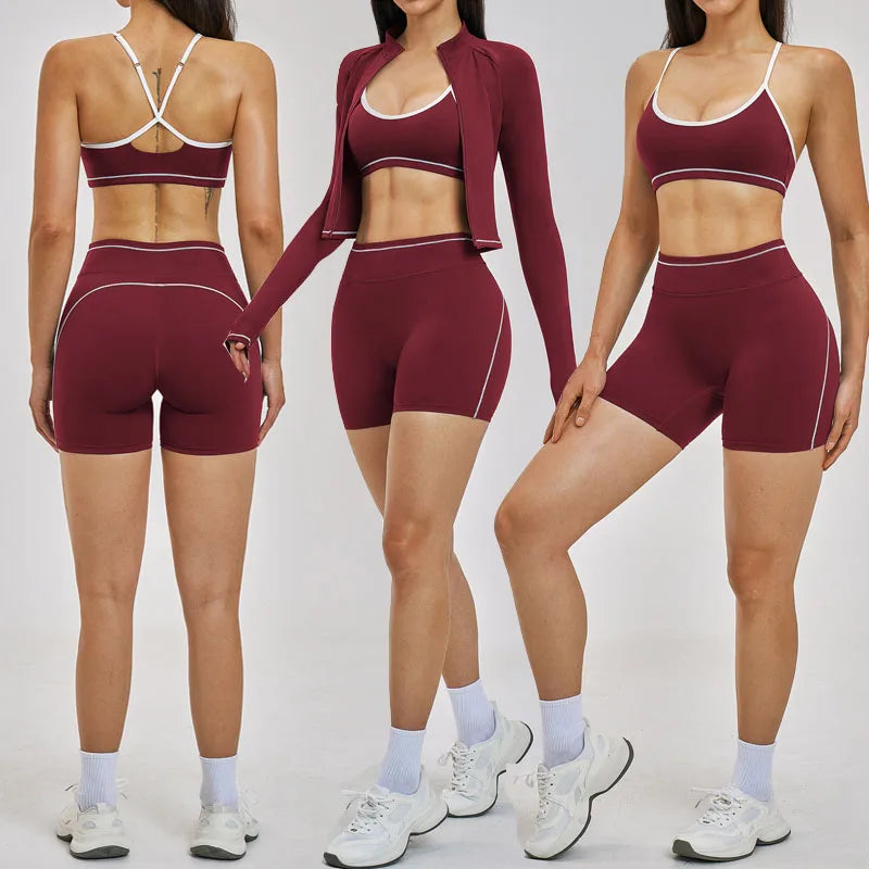 Custom Logo Women 3 Piece Yoga Set Breathable Jacket Adjustable Bra High Waist Sports Shorts Fitness Active Gym Wear Clothing