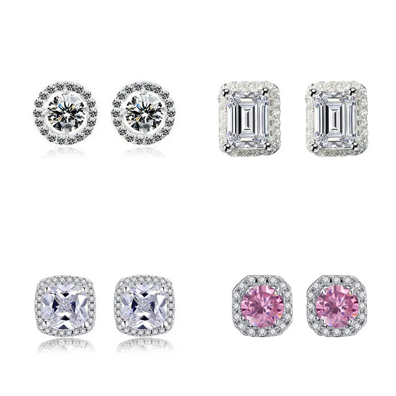 Heart Square Round Cut Inlaid Stone Clear CZ Earrings Women Daily Wear Wholesale Cheap Stud Earrings