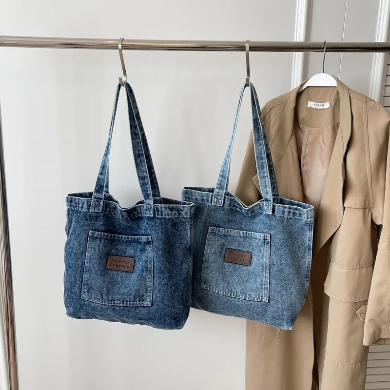 Qetesh Wholesale Fashionable Denim Fabric Tote Bag Custom Logo Large Capacity Recycled Shopping Bags with Pockets