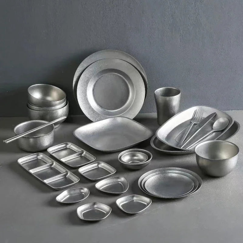 Retro 304 Stainless Steel Tableware Set Snowflake Silver Plate Bowl Knife Fork Spoon Restaurant  Cutlery
