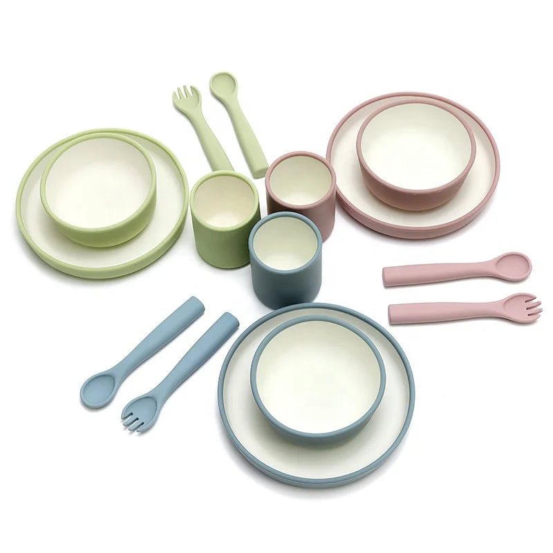 Toddler Snack Food Tableware Dinner Dish Feeding Kids Dining Suction Food Grade Silicone Bicolor Cup Baby Weaning Plate Bowl