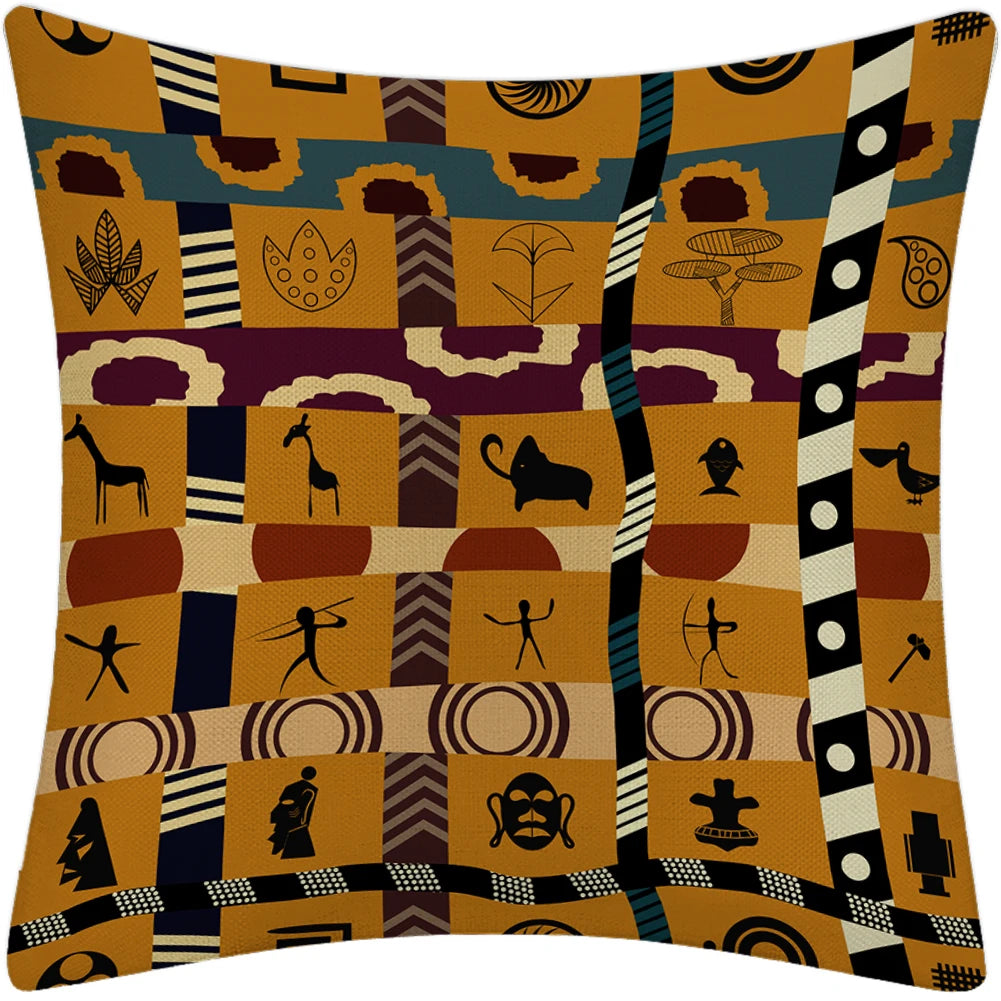 African Tribal Totem Decorative Linen Burlap Square Pillowcase Rustic Cushion Case Covers for Sofa Couch Pillow Cushion Case