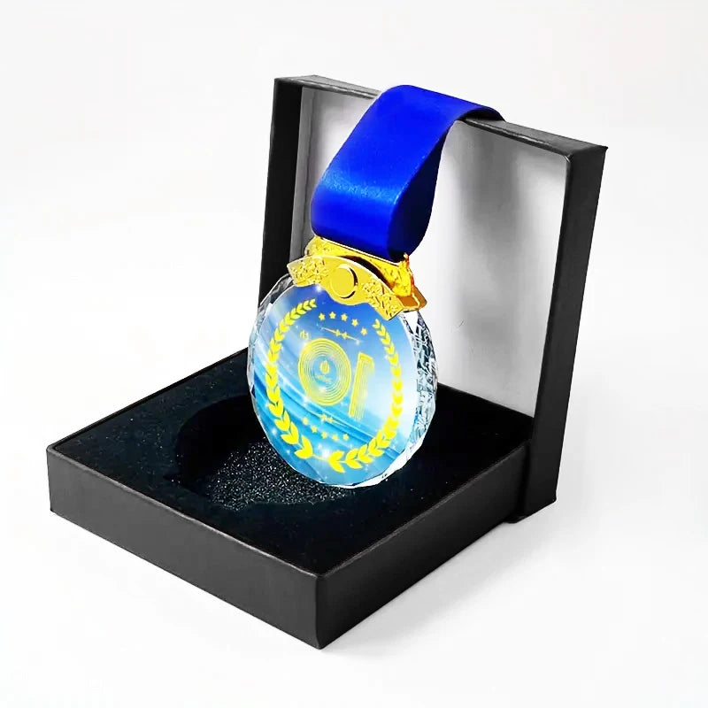 Fast Shipping Custom Logo Crystal Medal Award for Sports Event Colorful Print Blank Glass Medal Souvenir Badge Prize with Rib