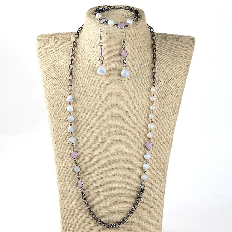 Fashion Punk Black Gun Collar De Perlas Amazonite Picture Jasper Natural Stone Fresh Water Pearl Necklace Bracelet Earring Se