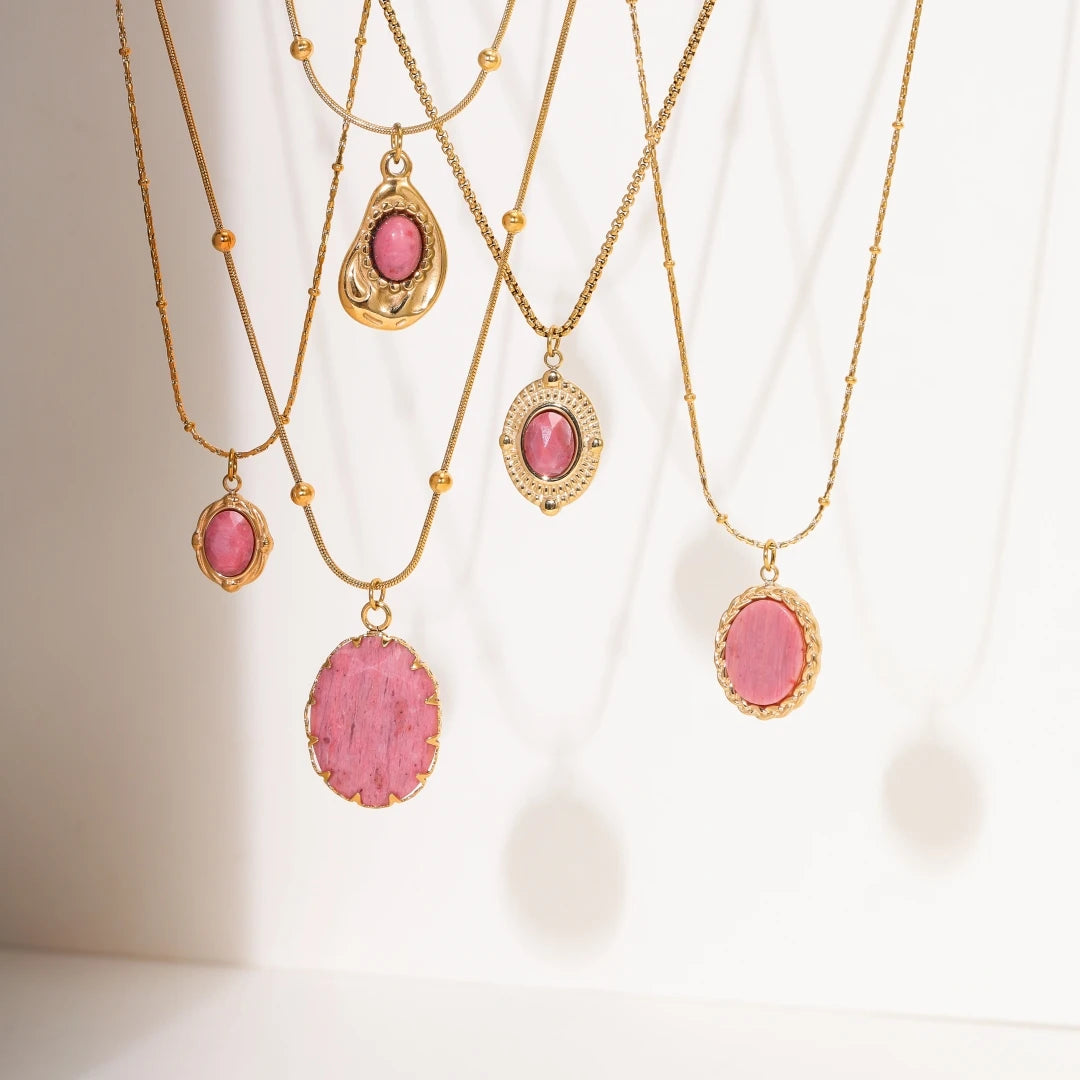 2024 New Arrival 316L Stainless Steel Rhodochrosite Pendant Necklace Hypoallergenic Red Natural Stone Jewelry for Anniversary